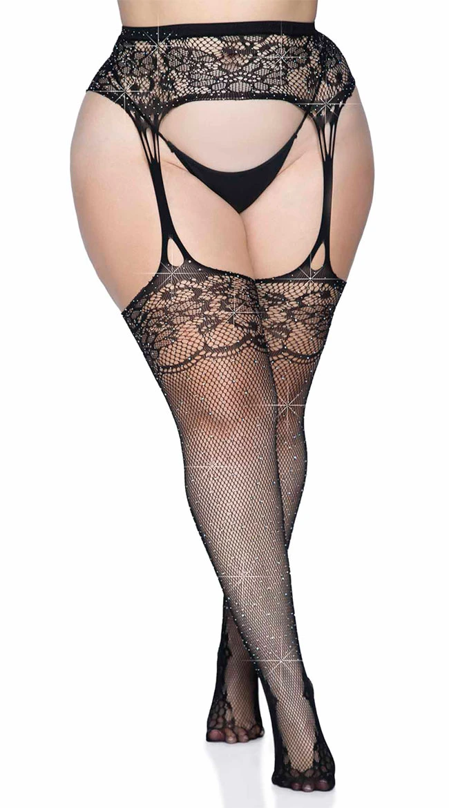 LEG AVENUE Plus Size Rhinestone Lace Top Garter Stockings 7 LEG AVENUE Plus Size Rhinestone Lace Top Garter Stockings - Image 5