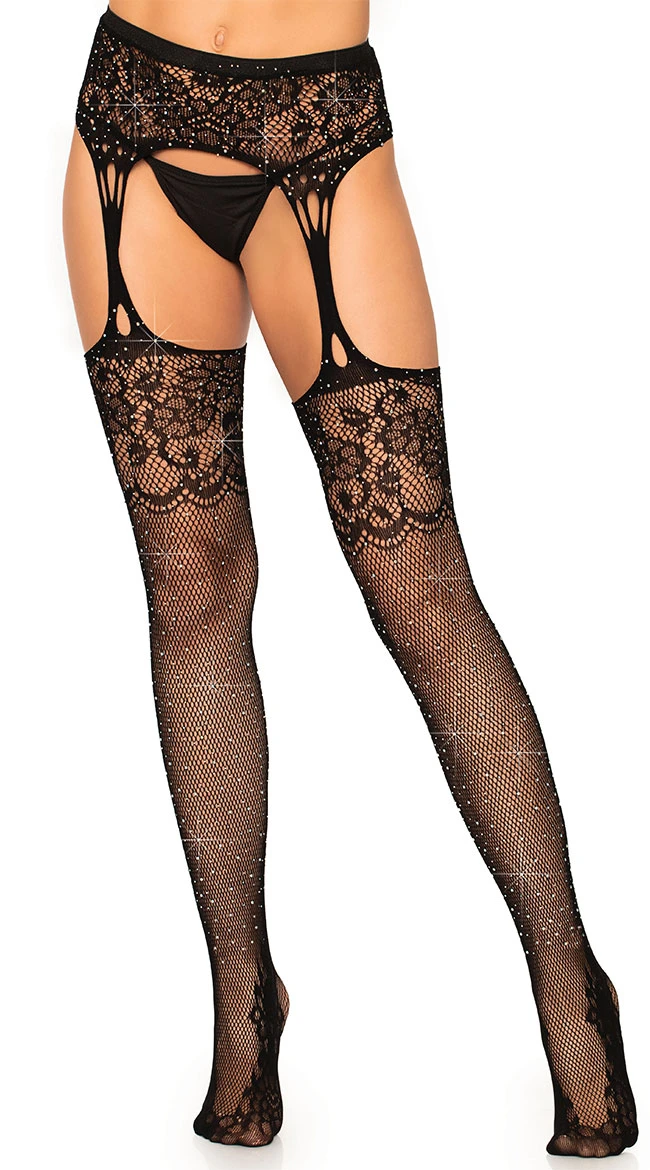 LEG AVENUE Rhinestone Lace Top Garter Stockings 3 LEG AVENUE Rhinestone Lace Top Garter Stockings