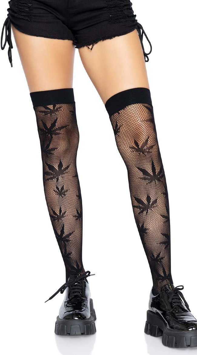 LEG AVENUE Marijuana Fishnet Thigh High Stockings 7 LEG AVENUE Marijuana Fishnet Thigh High Stockings - Image 5