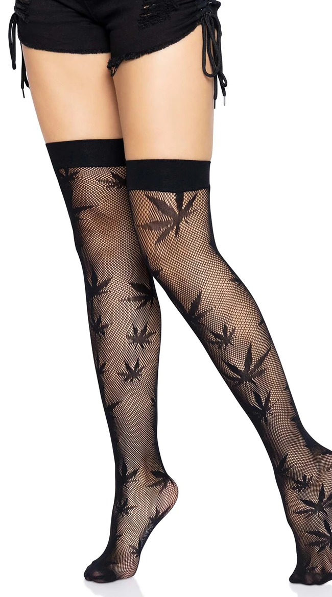 LEG AVENUE Marijuana Fishnet Thigh High Stockings 3 LEG AVENUE Marijuana Fishnet Thigh High Stockings