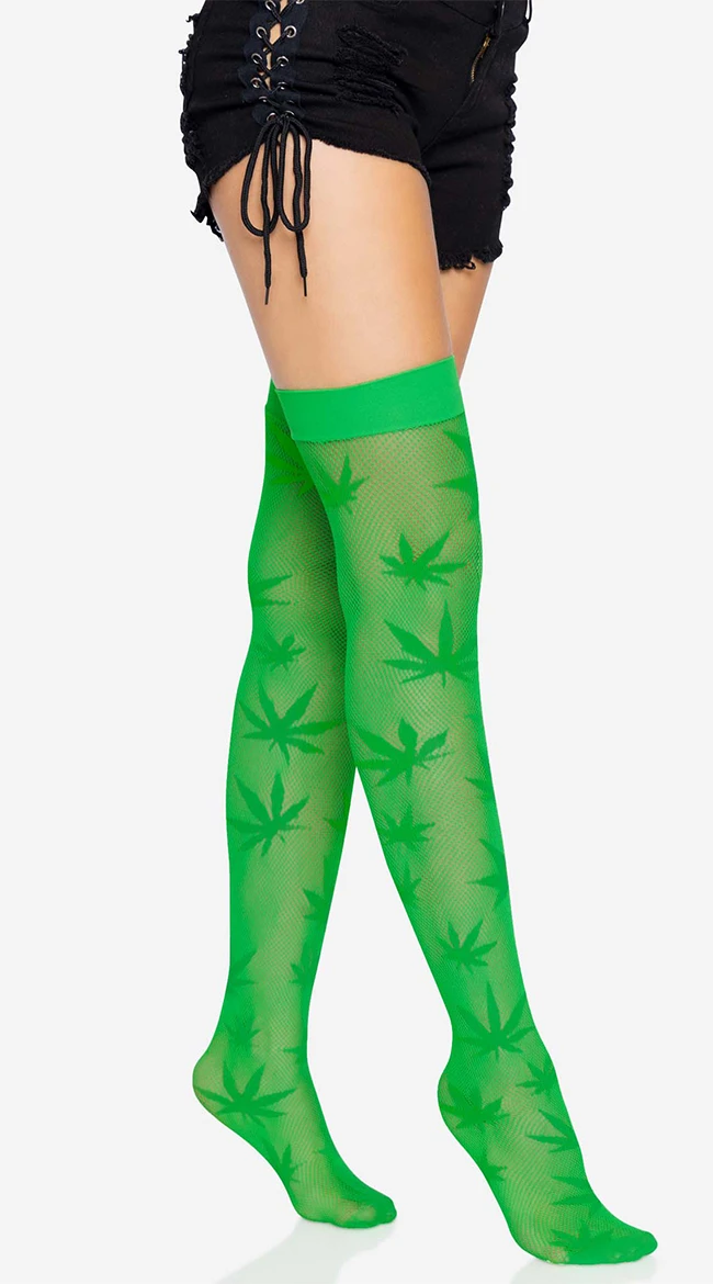 LEG AVENUE Marijuana Fishnet Thigh High Stockings 4 LEG AVENUE Marijuana Fishnet Thigh High Stockings - Image 2