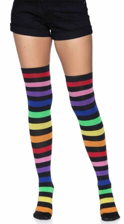 LEG AVENUE Rainbow Striped Thigh High Socks