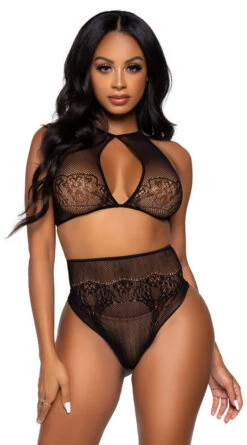LEG AVENUE Dotted Net And Lace High Waisted Lingerie Set