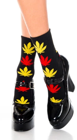 MUSIC LEGS Leaf Print Socks 8 MUSIC LEGS Leaf Print Socks -Playboy Store ML 537 BlackYellowRed 2019UPDATE