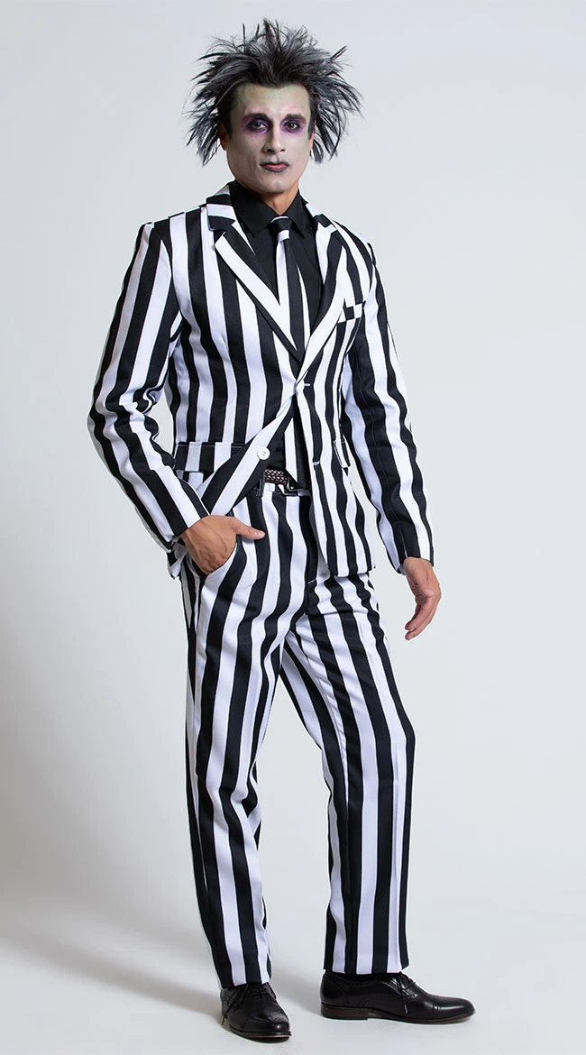 FEVER Men's White And Black Striped Suit Costume 3 FEVER Men's White And Black Striped Suit Costume